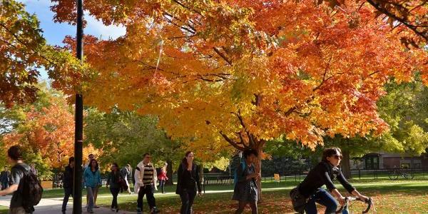 Students walk and bike across campus with fall foliage in the background.